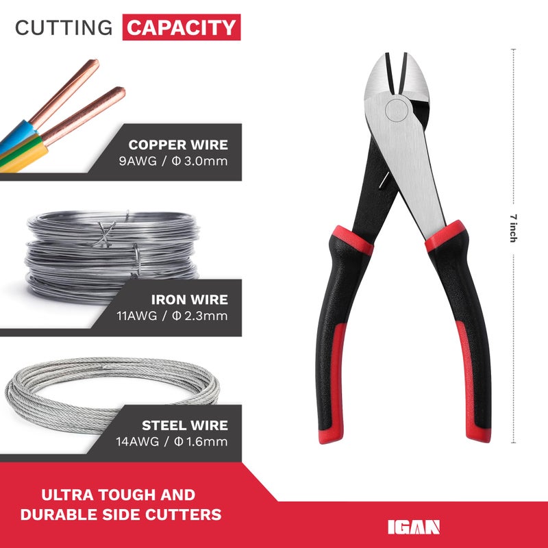 IGAN 7-inch Wire Cutters, Spring-loaded Side Cutters Dikes, Ultra Tough and Durable Diagonal Cutting Pliers in CRV Steel, Heavy Duty Cutting Pliers for Electrical, Artificial Flowers and Homes - Image 2